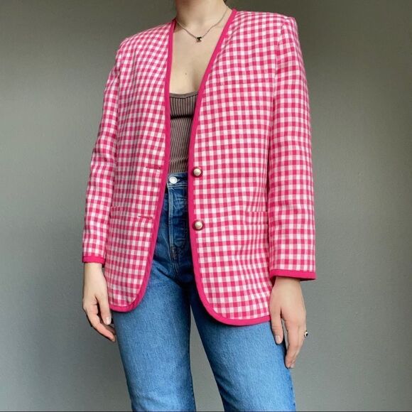 Vintage 80s Pink White Cotton Checkered Preppy Plaid Oversized Blazer Sz M - Picture 11 of 12